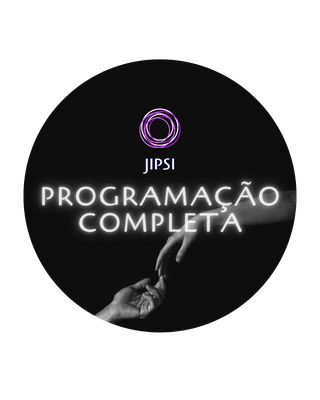 Em um Fundo preto sólido, dois braços sombreados, em lados opostos da figura, se esticam um em direção ao outro, em preto e branco. As mãos se encontram em um toque gentil de dedos, e exatamente sobre esse encontro repousa o logo da jornada, que são círculos ligeiramente excêntricos e roxeados, e abaixo o escrito “JIPSi”. Sob o logo está escrito “programação completa” em caixa alta e com brilho na fonte. Segue o texto abaixo “1ª jornada de integração em psicanálise UFSCAR”.